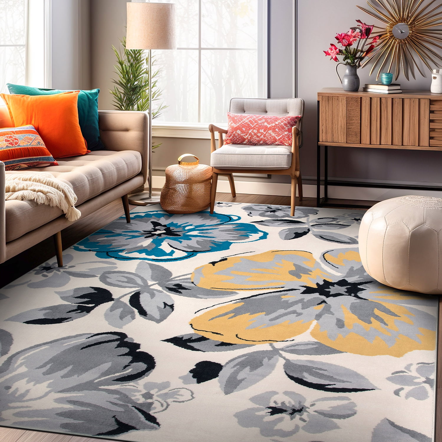 Cream and Gray Floral Synthetic 8' x 10' Area Rug