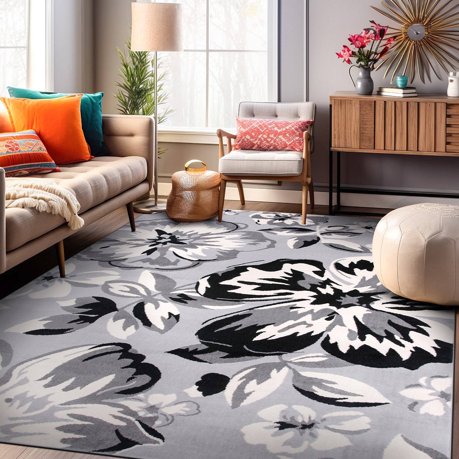 Gray Floral Rectangular Washable Synthetic Area Rug