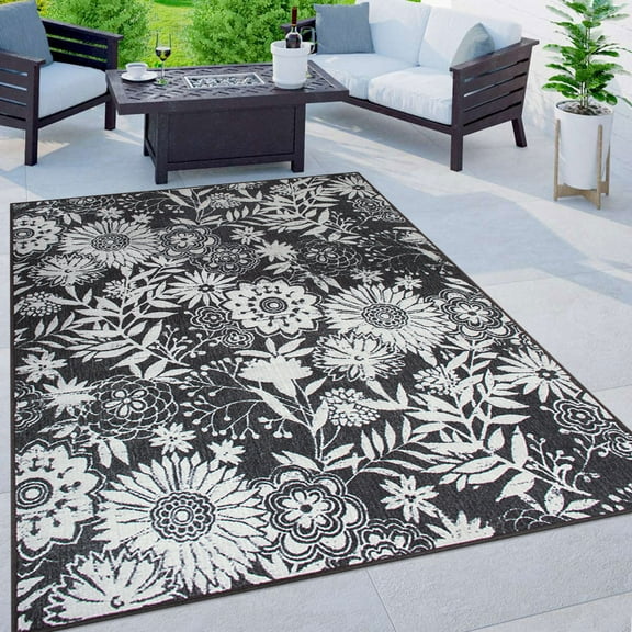 World Rug Gallery Modern Floral Flowers Indoor/Outdoor Area Rug - GRAY 5' X 7'