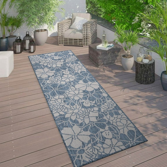 World Rug Gallery Modern Floral Flowers Textured Flat Weave Indoor/Outdoor Area Rug - BLUE 2'x7'