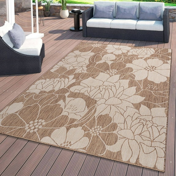 World Rug Gallery Modern Floral Flowers Textured Flat Weave Indoor/Outdoor Area Rug - BROWN 5' X 7'
