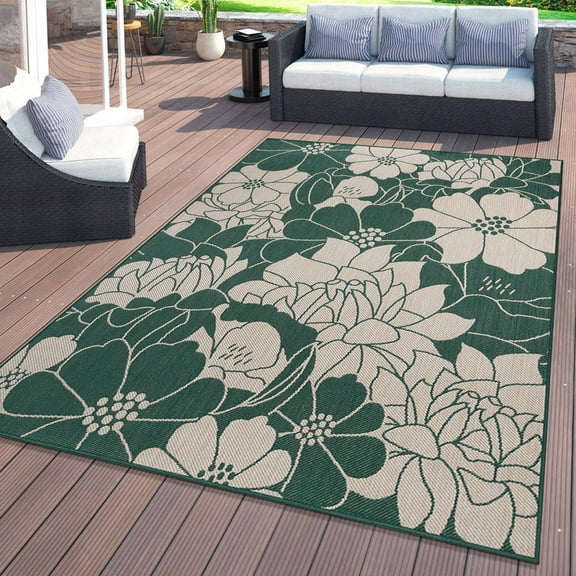 World Rug Gallery Modern Floral Flowers Textured Flat Weave Indoor/Outdoor Area Rug - GREEN 5' X 7'