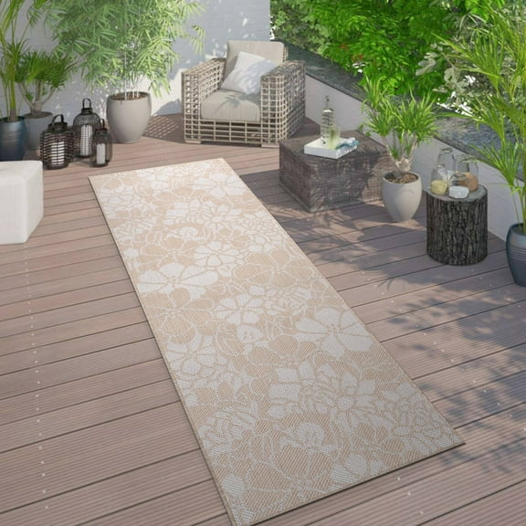 World Rug Gallery Modern Floral Flowers Textured Flat Weave Indoor/Outdoor Area Rug - NATURAL 2'x7'