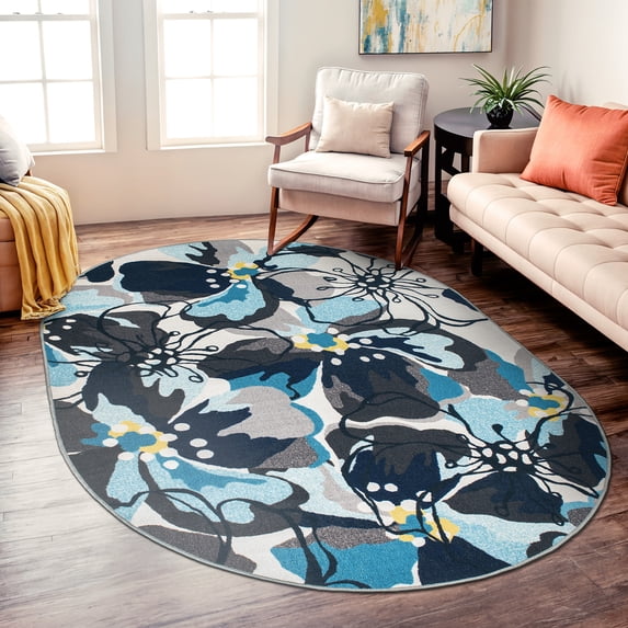 World Rug Gallery Modern Floral Non-Slip (Non-skid) Area Rug - Gray 5'x6'6" Oval