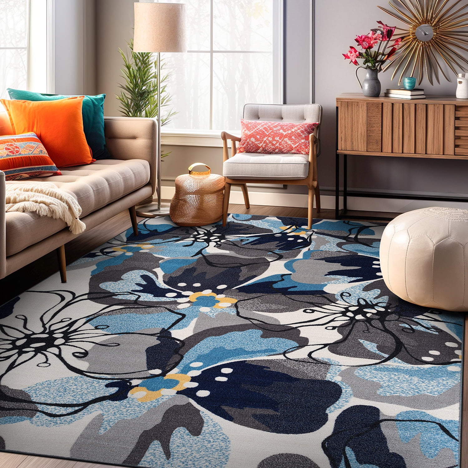 Gray and Blue Floral Synthetic Rectangular Area Rug