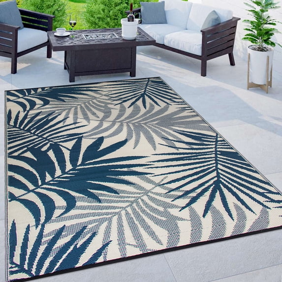 World Rug Gallery Modern Floral Reversible Plastic Indoor and Outdoor Picnic Mat, Camping Rug, RV Rug - NAVY 3'x5'