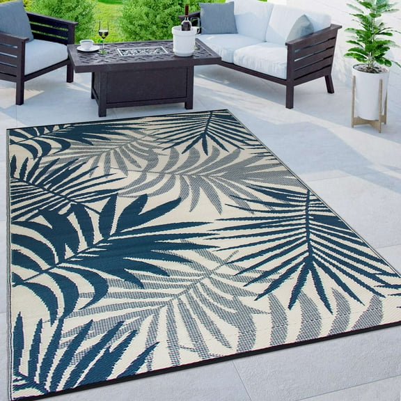 World Rug Gallery Modern Floral Reversible Plastic Outdoor Picnic Mat, Camping Rug, RV Rug - NAVY 5' X 7'