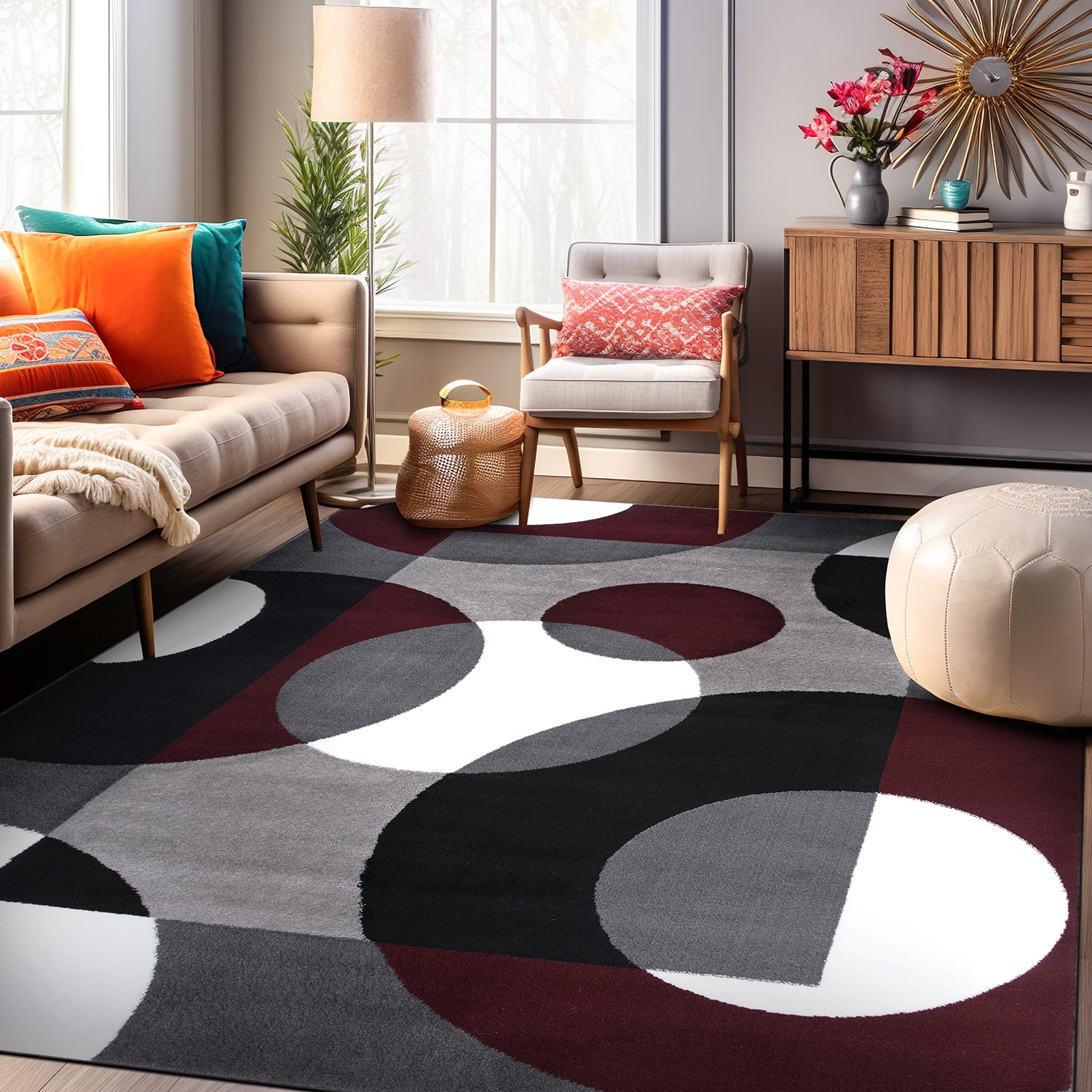 Burgundy and Gray Geometric Rectangular Area Rug 5' x 7'
