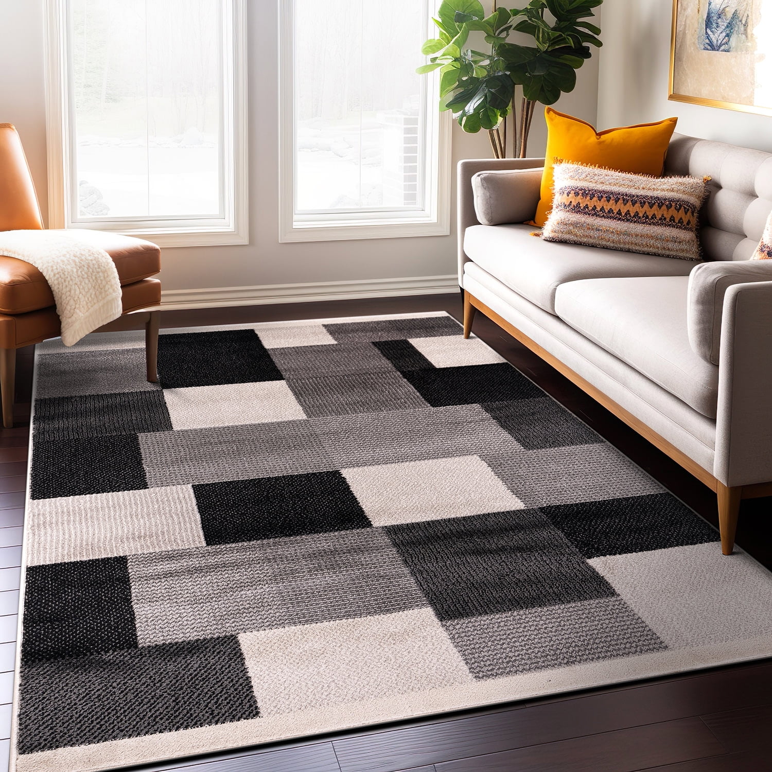 Modern Geometric Black and Gray Synthetic Rectangular Area Rug, 5' x 7'