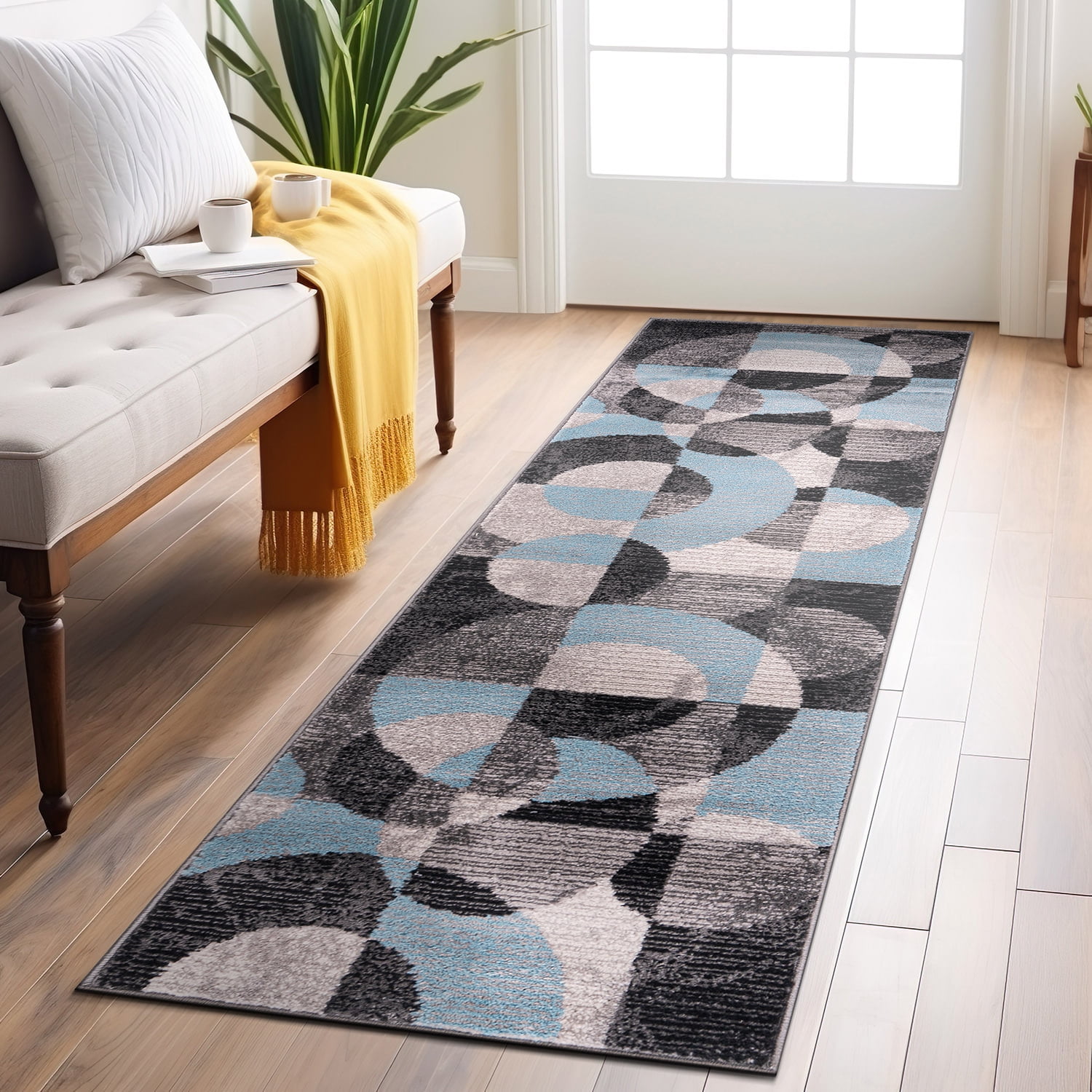 Modern Blue and Gray Geometric Polypropylene Runner Rug 2'x7'