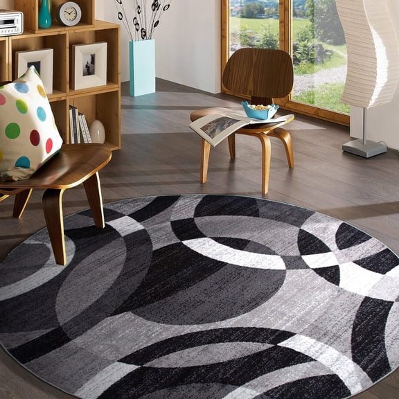 World Rug Gallery Modern Geometric Circles Gray 8' Indoor Round Area Rug, Soft Non-Shedding Easy Care