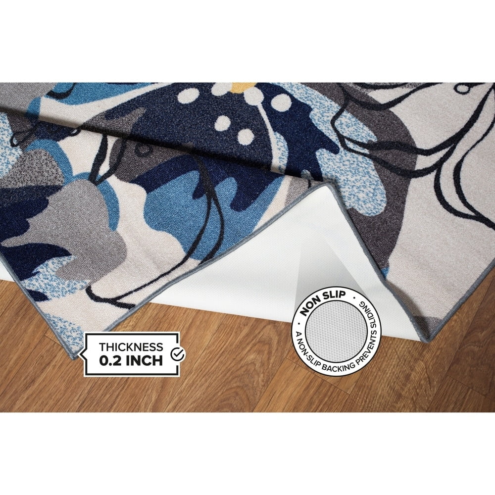 Gray and Blue Floral Tufted Non-Slip Rectangular Area Rug