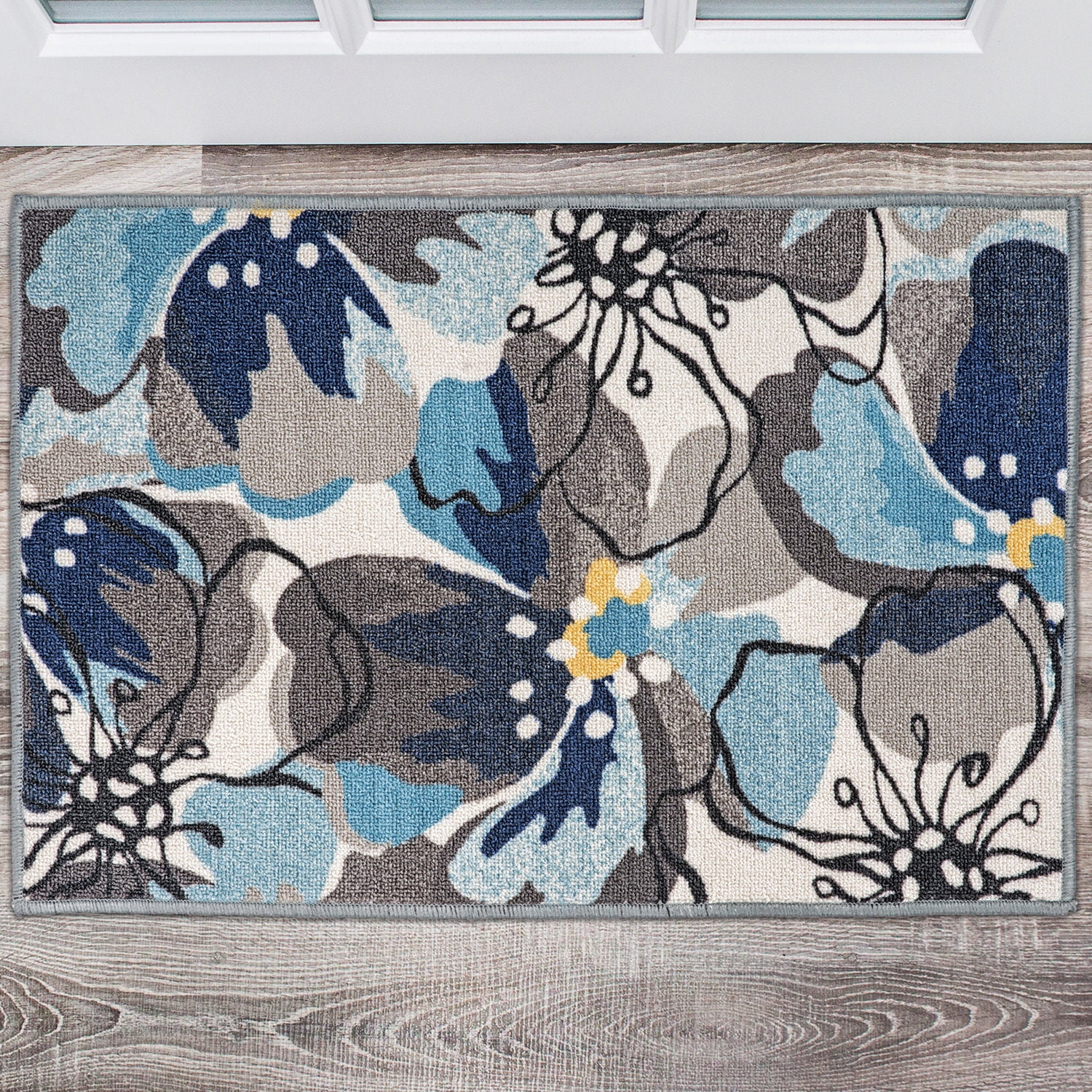 Gray and Blue Floral Tufted Non-Slip Rectangular Area Rug