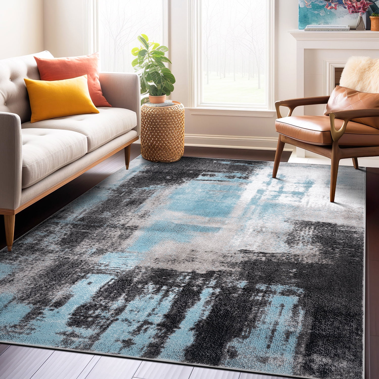 Modern Blue and Gray Abstract Synthetic 8' x 10' Area Rug