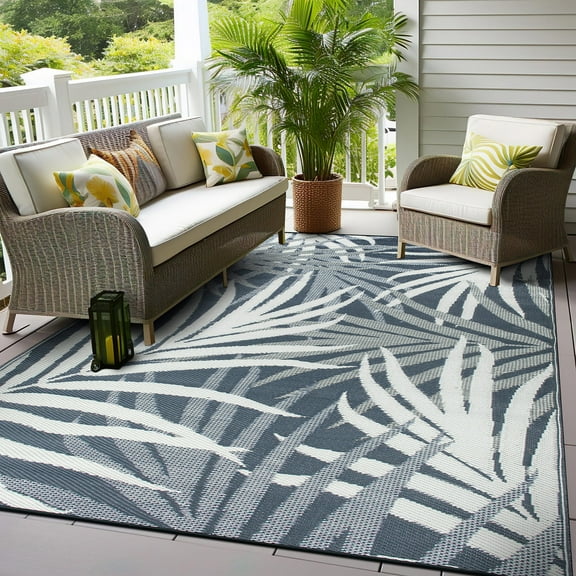 World Rug Gallery Tropical Leaves Coastal Reversible Recycled Plastic Outdoor Picnic Mat, Camping Rug, RV Rug - NAVY 5'x7'