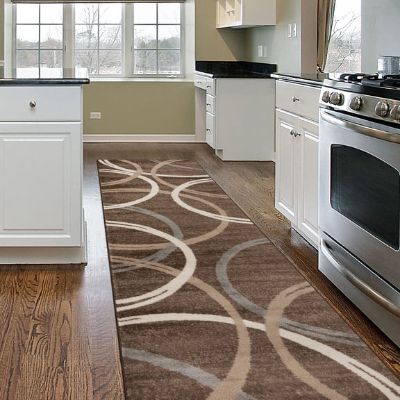 World Rug Gallery Toscana Modern Floral Brown Indoor Runner Rug in Polypropylene (Stain-Resistant, Non-Shedding) 2'x10'
