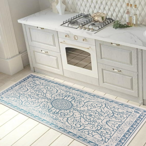 World Rug Gallery Traditional Bohemian Anti Fatigue Kitchen, Laundry Room, Comfort Indoor Mat, Door Mat - Blue 18"x47"