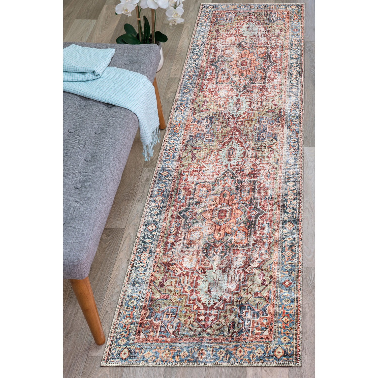 Vintage Red and Multi Synthetic Flat Woven Runner Rug