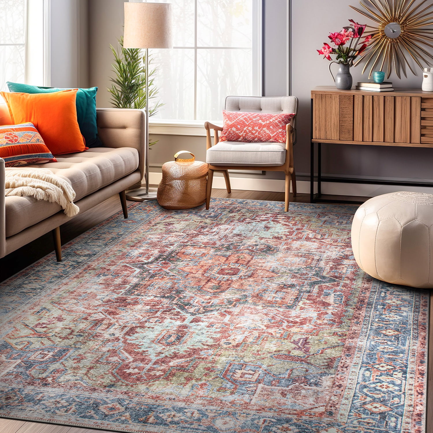 Vintage Red and Blue Synthetic Flat Woven 5' x 7' Area Rug