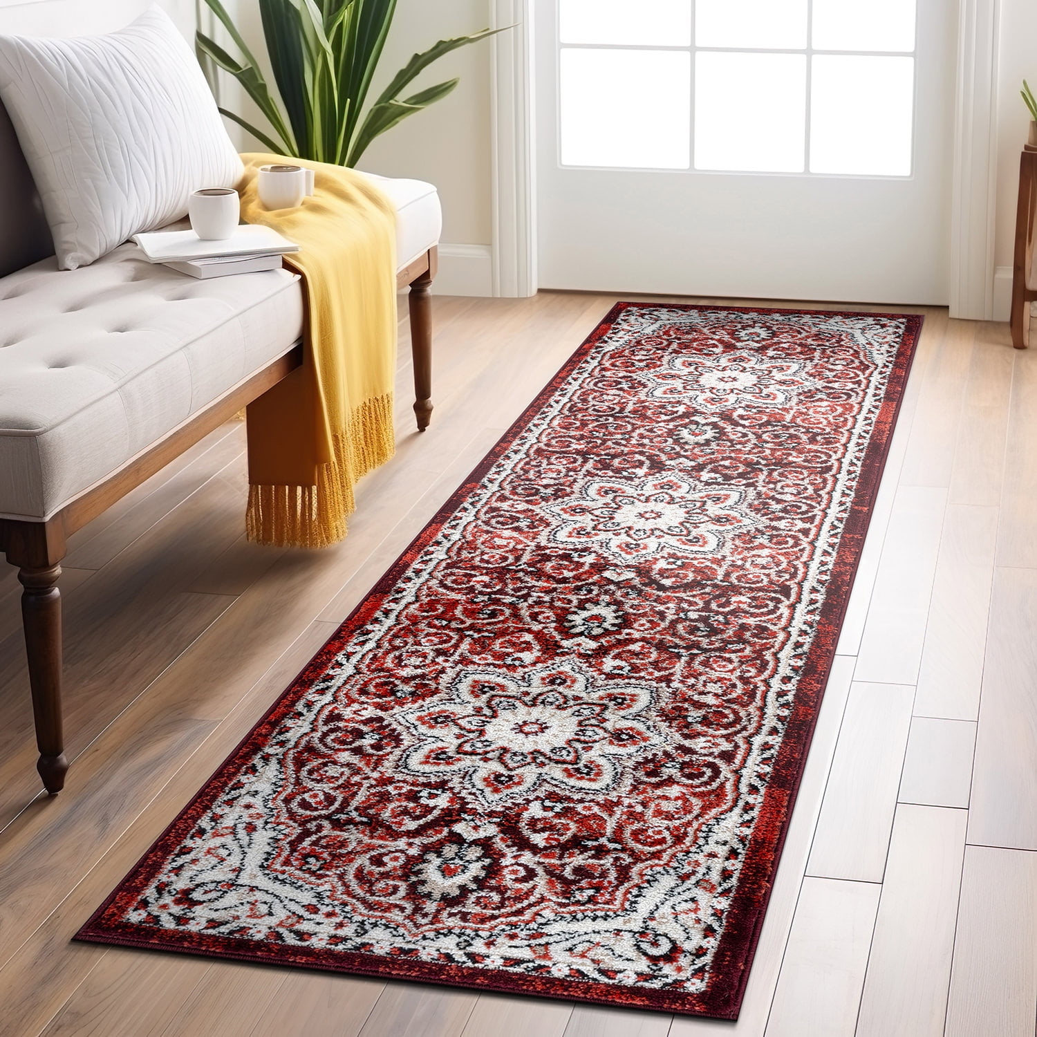 Red and Ivory Traditional Medallion Stain-Resistant Runner Rug