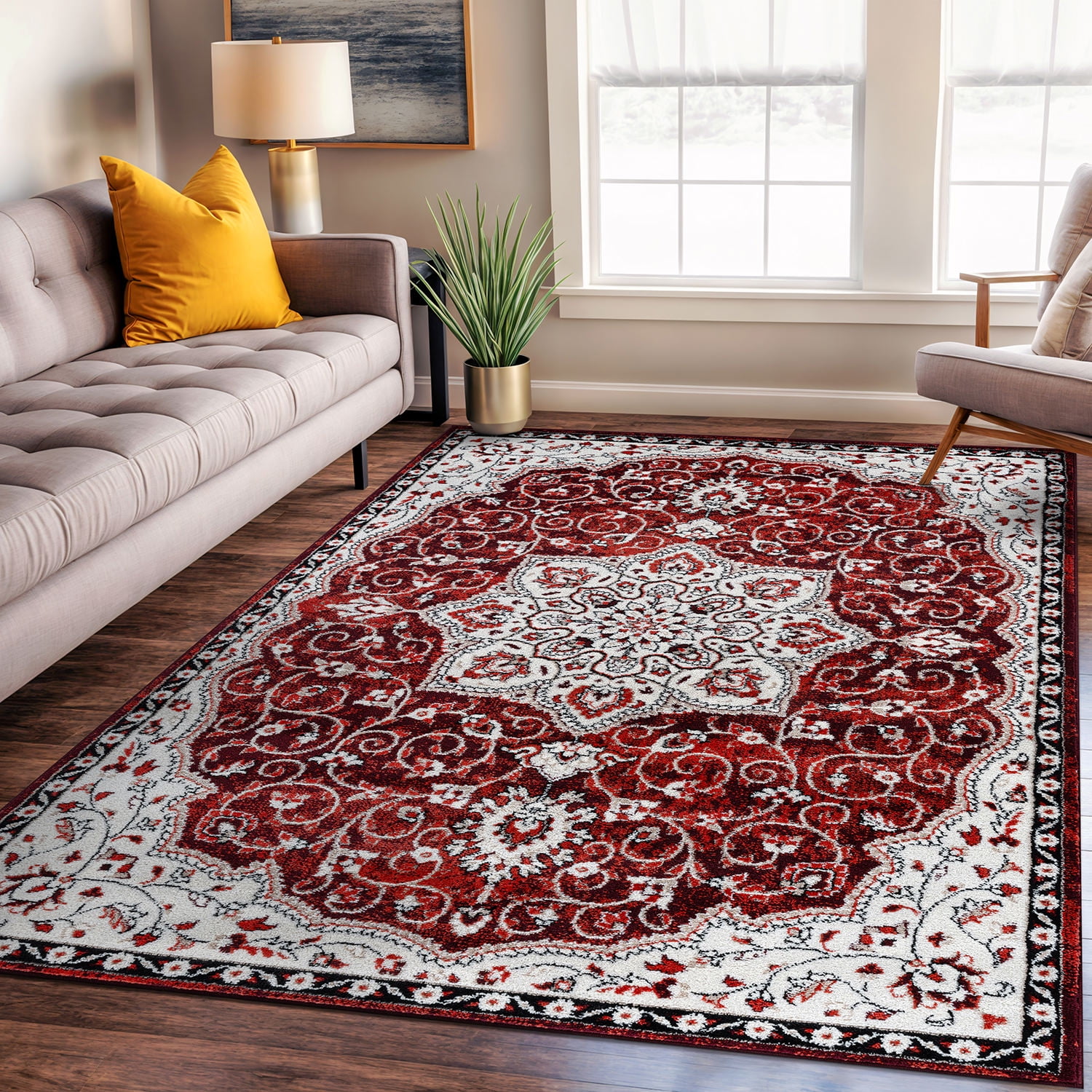 Red and Ivory Medallion Synthetic 5' x 7' Area Rug