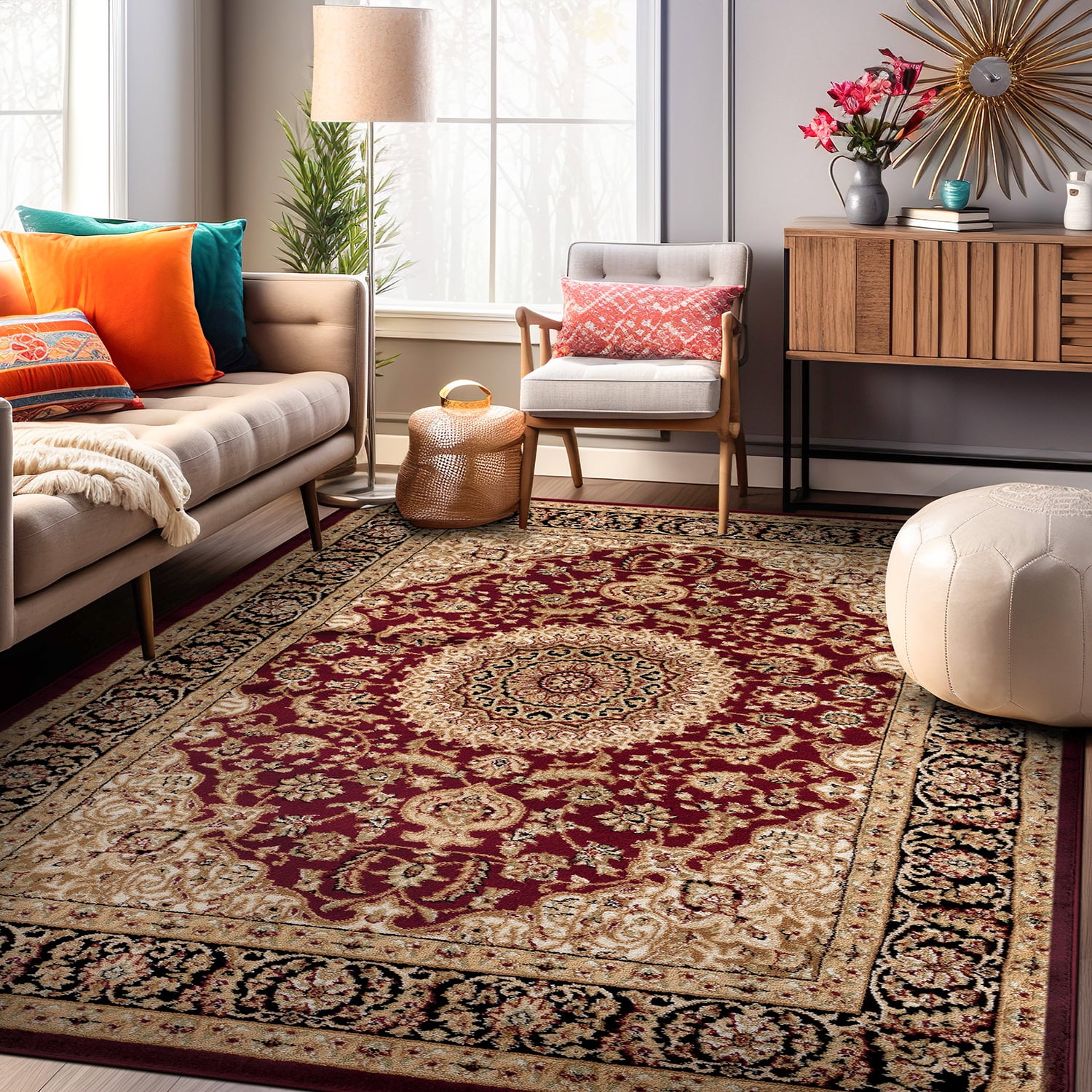 Burgundy Traditional Medallion Synthetic 4' x 6' Rectangular Area Rug
