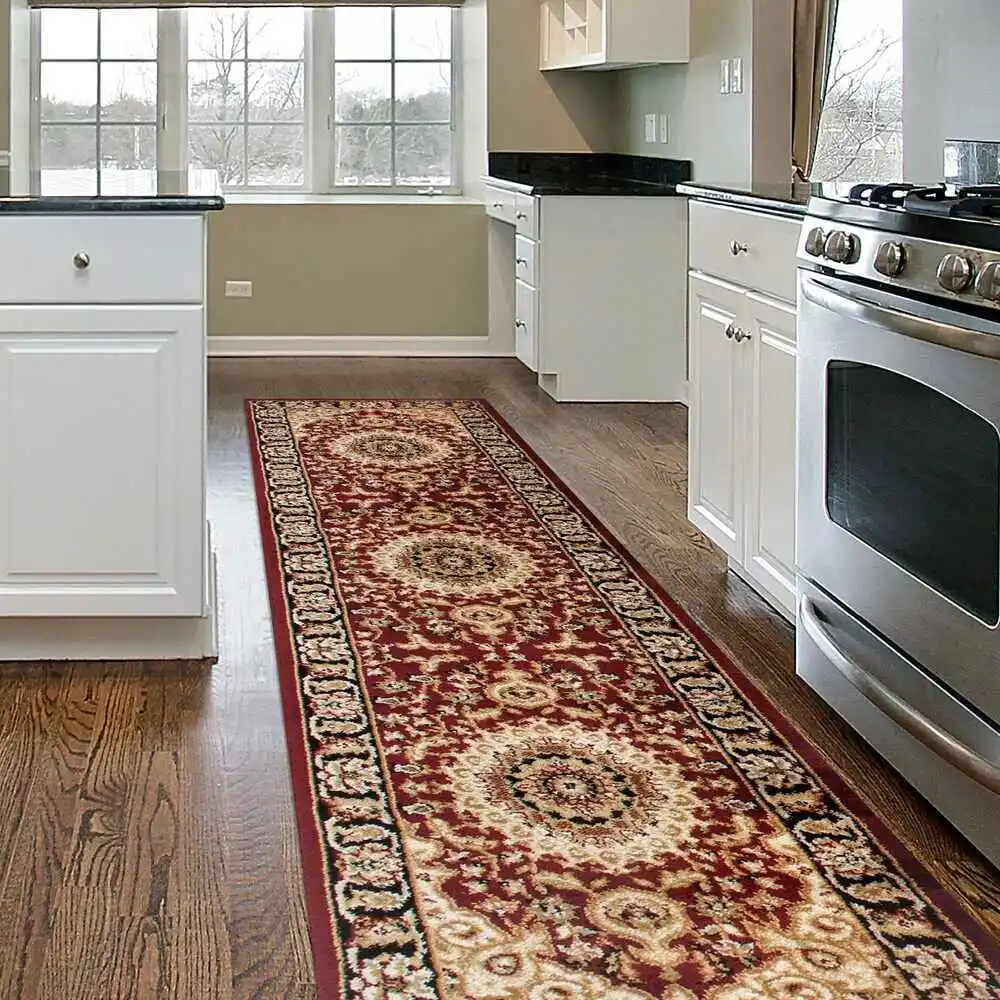 Burgundy Synthetic Traditional Oriental Runner Rug, 2' x 7'