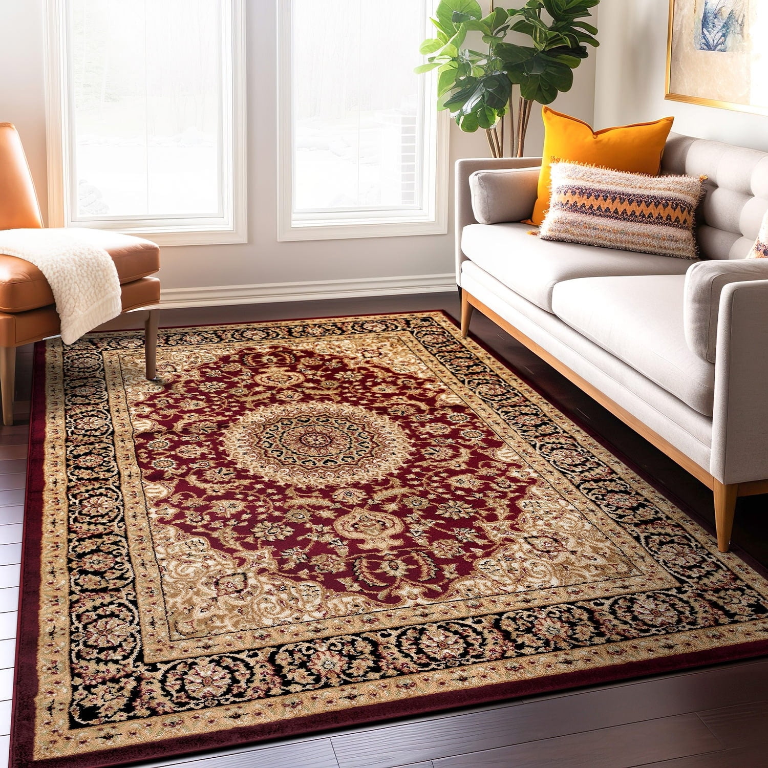 Elegant Red Medallion 8' x 10' Easy-Care Synthetic Area Rug