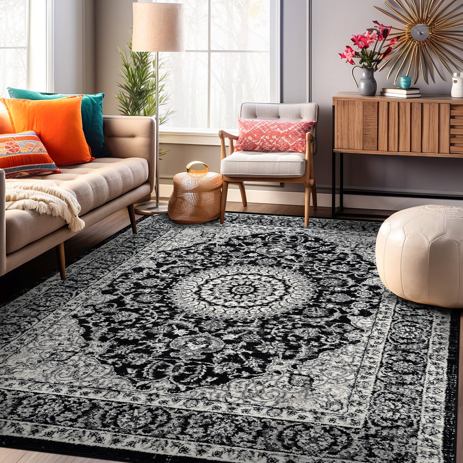 Black and White 8' x 10' Synthetic Traditional Medallion Area Rug