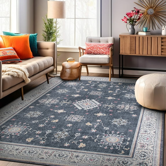 World Rug Gallery Transitional Bordered Machine Washable 7'7"x9'6" Dark Gray Area Rug