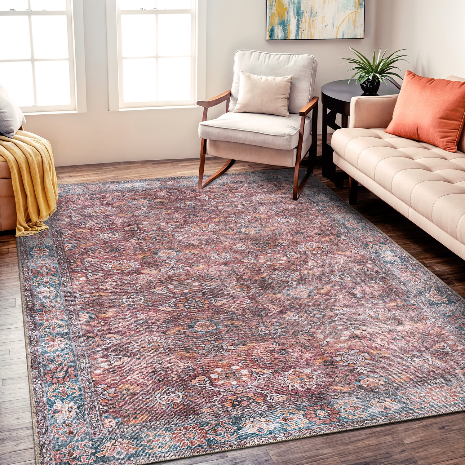 Vintage Multi-Color Flat Woven Washable Area Rug, 5' x 7'
