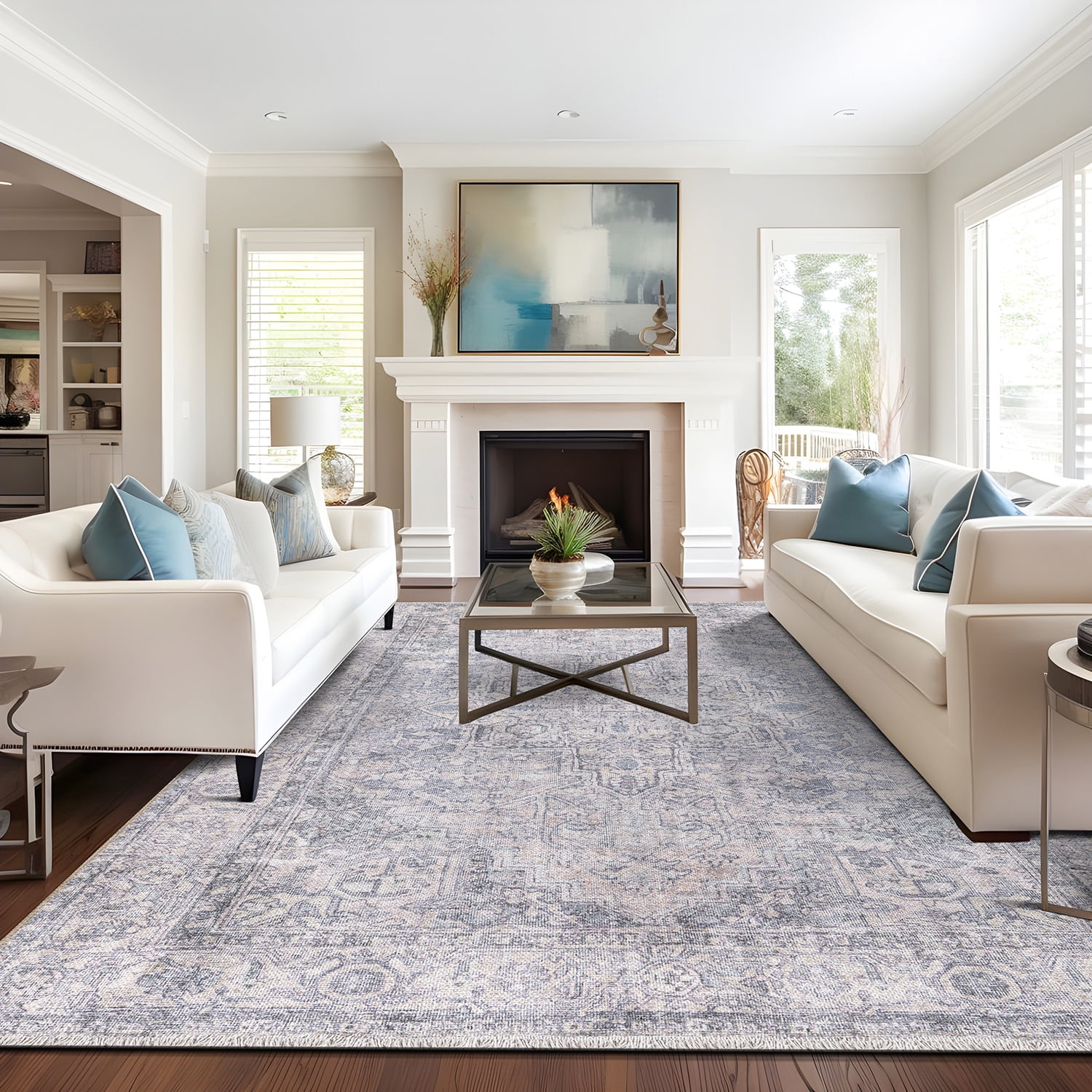 Blue Synthetic Flat Woven Medallion 10' x 14' Washable Rug