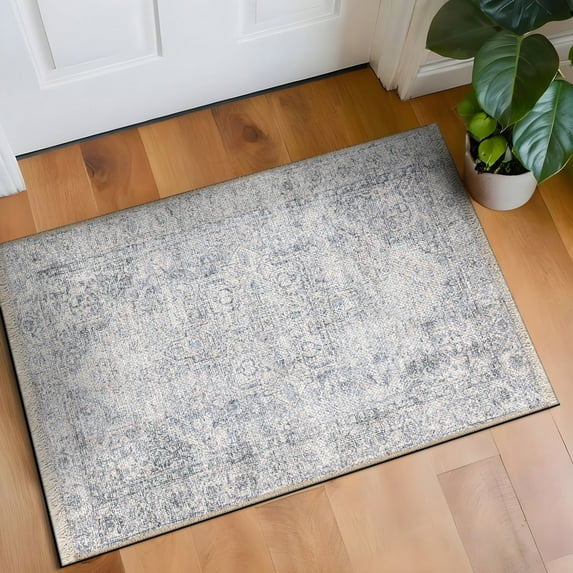 World Rug Gallery Transitional Distressed Vintage Machine Washable Door Mat- BLUE 2'x3'
