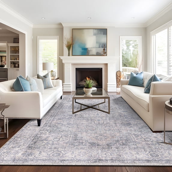 World Rug Gallery Transitional Distressed Vintage Machine Washable Area Rug- BLUE 9'X12'