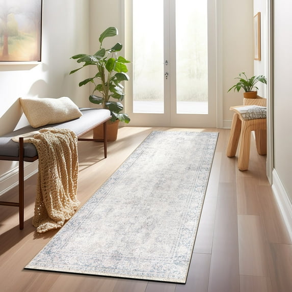World Rug Gallery Transitional Distressed Vintage Machine Washable Indoor Area Rug- BLUE 2'6"x10'