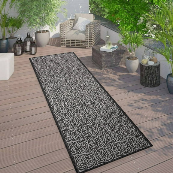 World Rug Gallery Transitional Floral Circles Textured Flat Weave Indoor/Outdoor Area Rug - BLACK 2'x7'