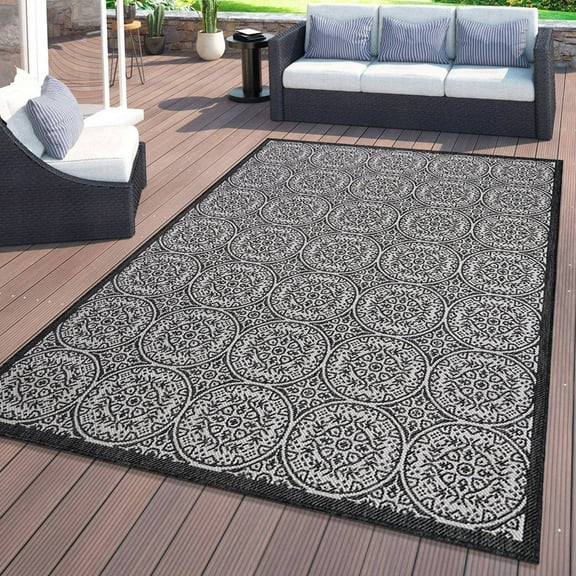 World Rug Gallery Transitional Floral Circles Textured Flat Weave Indoor/Outdoor Area Rug - BLACK 5' X 7'