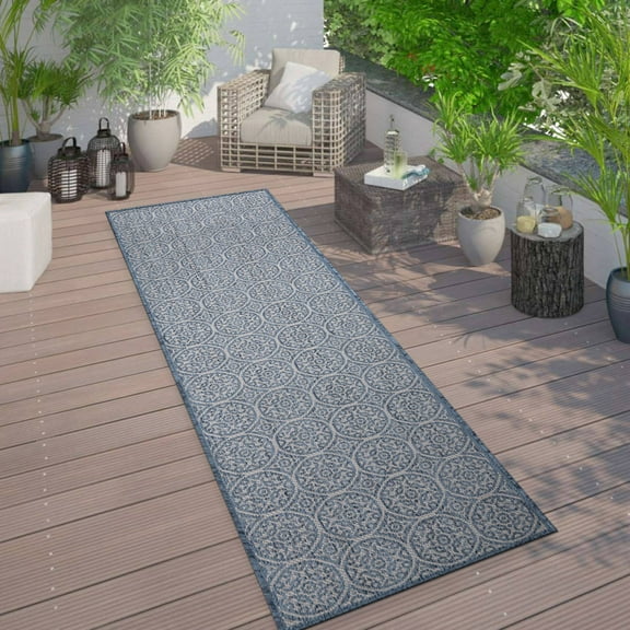 World Rug Gallery Transitional Floral Circles Textured Flat Weave Indoor/Outdoor Area Rug - BLUE 2'x7'