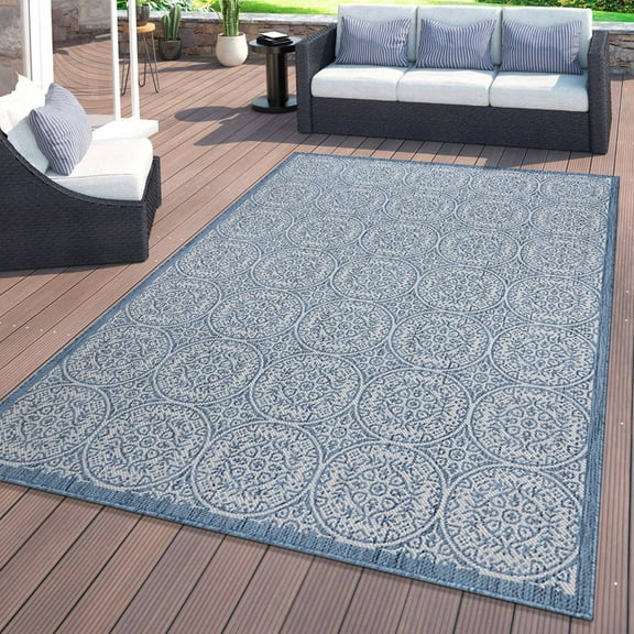 World Rug Gallery Transitional Floral Circles Textured Flat Weave Indoor/Outdoor Area Rug - BLUE 7'10"X10'