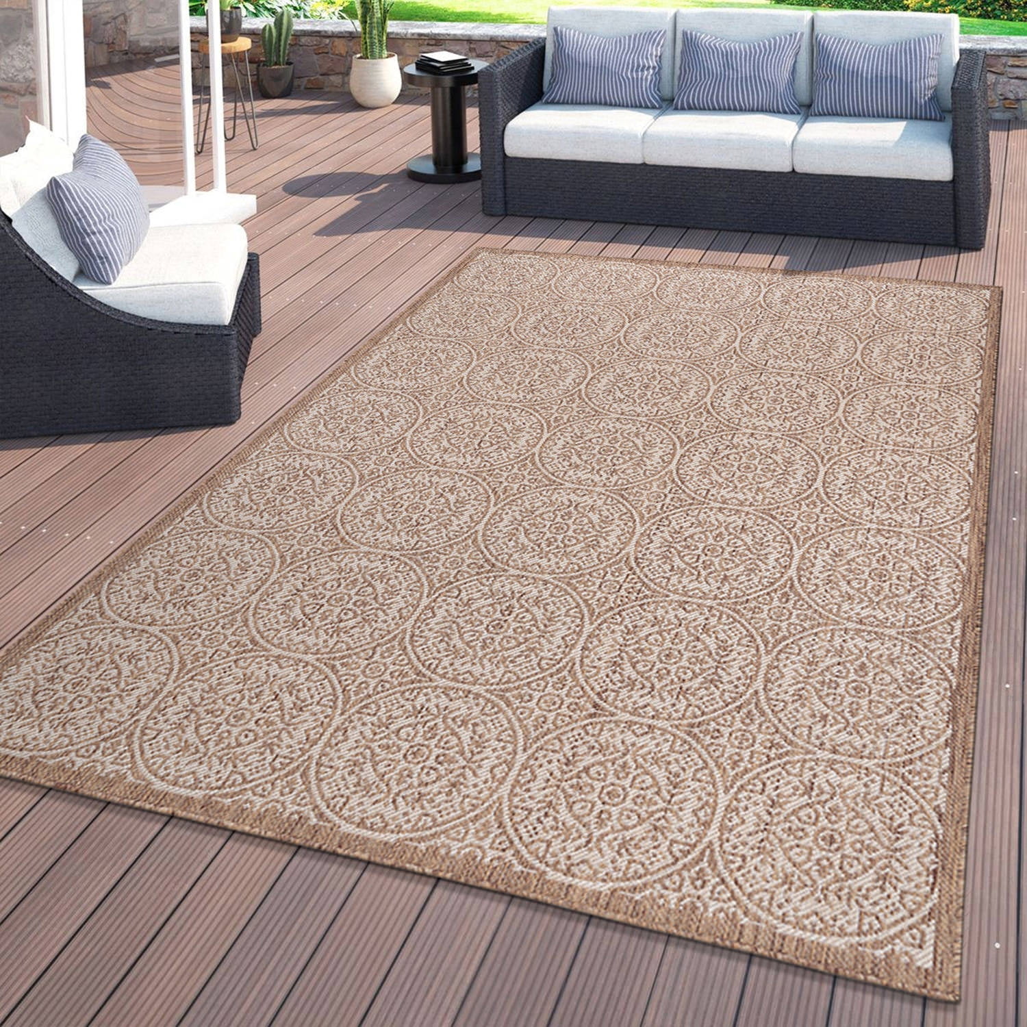 World Rug Gallery Transitional Floral Circles Textured Flat Weave Indoor/Outdoor Area Rug - BROWN 5' X 7'