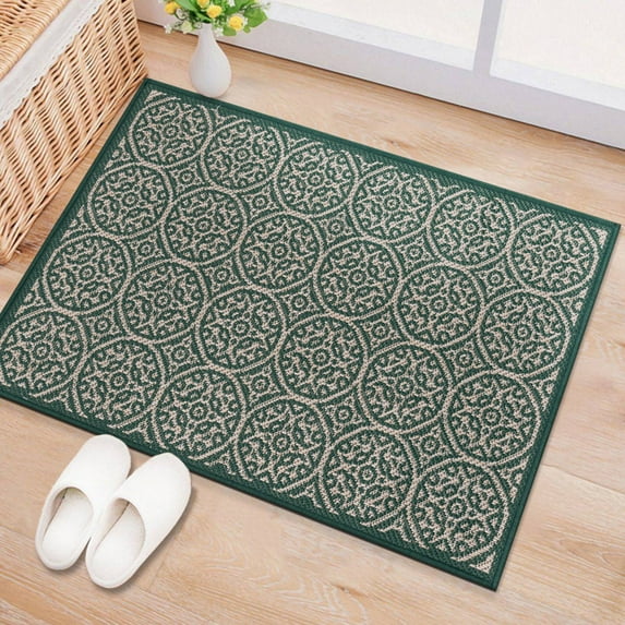 World Rug Gallery Transitional Floral Circles Textured Flat Weave Indoor/Outdoor Door Mat - GREEN 2'x3'