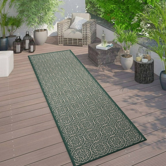 World Rug Gallery Transitional Floral Circles Textured Flat Weave Indoor/Outdoor Area Rug - GREEN 2'x7'