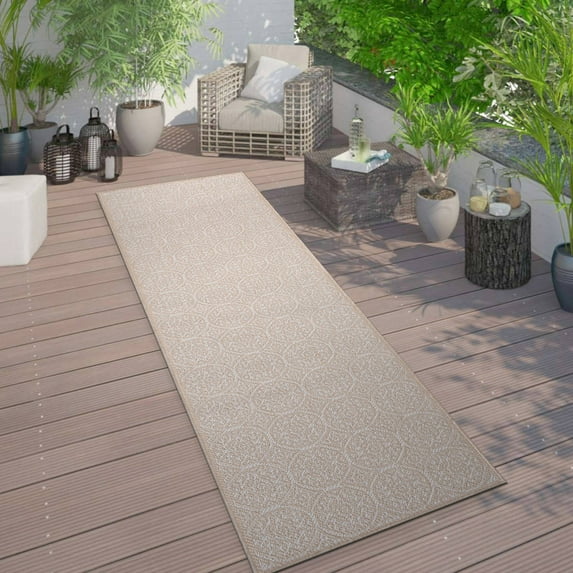 World Rug Gallery Transitional Floral Circles Textured Flat Weave Indoor/Outdoor Area Rug - NATURAL 2'x7'