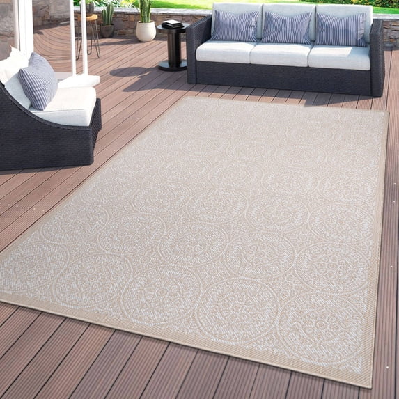 World Rug Gallery Transitional Floral Circles Textured Flat Weave Indoor/Outdoor Area Rug - NATURAL 5' X 7'