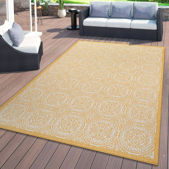 World Rug Gallery Transitional Floral Circles Textured Flat Weave Indoor/Outdoor Area Rug - YELLOW 5' X 7'