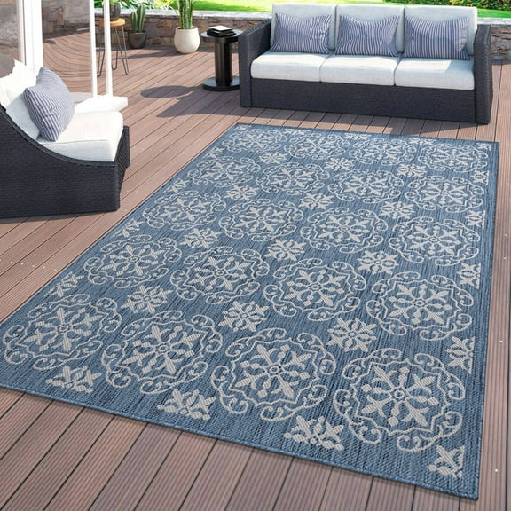 World Rug Gallery Transitional Geometric Textured Flat Weave Indoor/Outdoor Area Rug - BLUE 5' X 7'