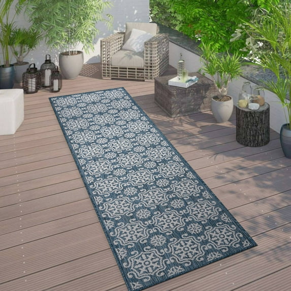 World Rug Gallery Transitional Geometric Textured Flat Weave Indoor/Outdoor Area Rug - NAVY 2'x7'