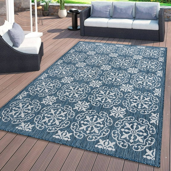 World Rug Gallery Transitional Geometric Textured Flat Weave Indoor/Outdoor Area Rug - NAVY 5' X 7'