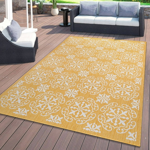 World Rug Gallery Transitional Geometric Textured Flat Weave Indoor/Outdoor Area Rug - YELLOW 5' X 7'