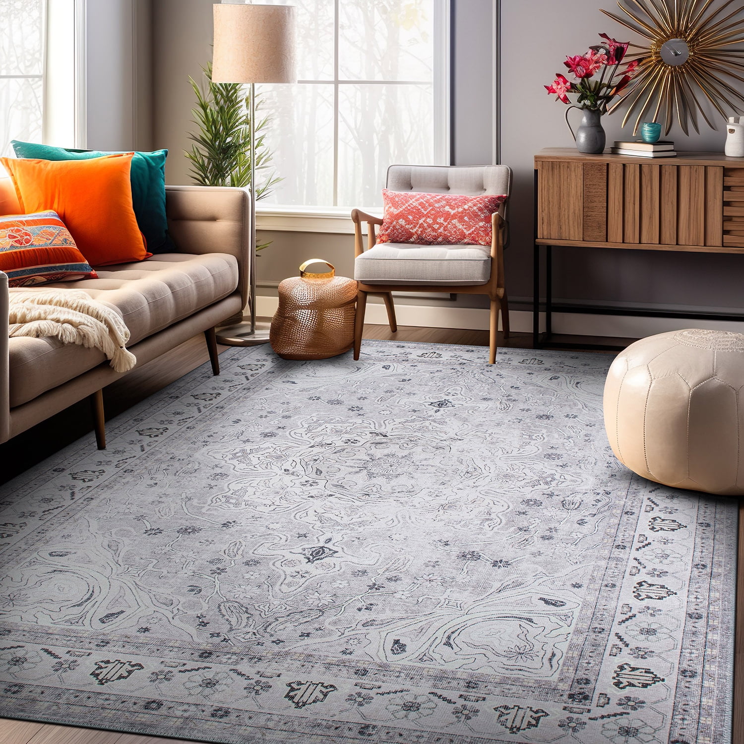 Gray Medallion Flat Woven Synthetic Washable Area Rug 5' x 7'